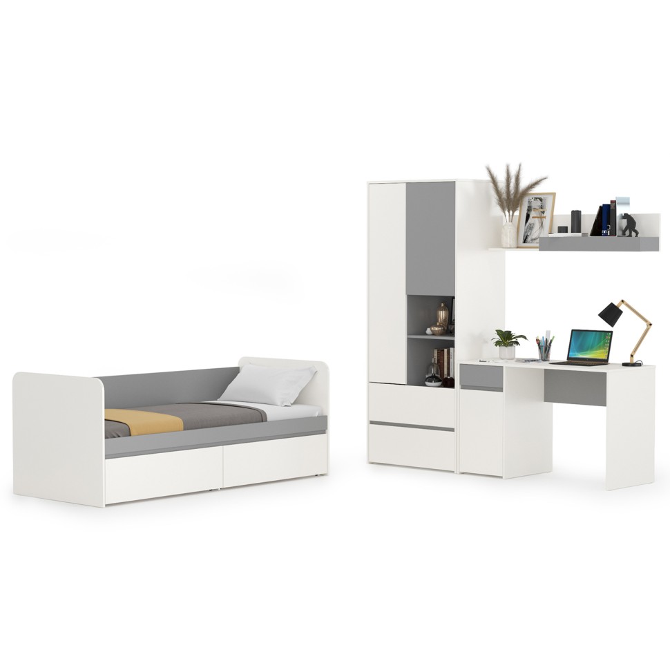 Торонто Компоновка № 25, цвет белый шагрень/стальной серый, сп. м. 800х1900 мм., б/м, основание есть, универсальная сборка