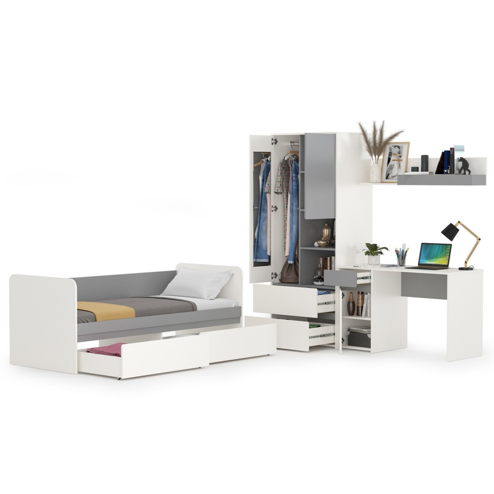 Торонто Компоновка № 25, цвет белый шагрень/стальной серый, сп. м. 800х1900 мм., б/м, основание есть, универсальная сборка