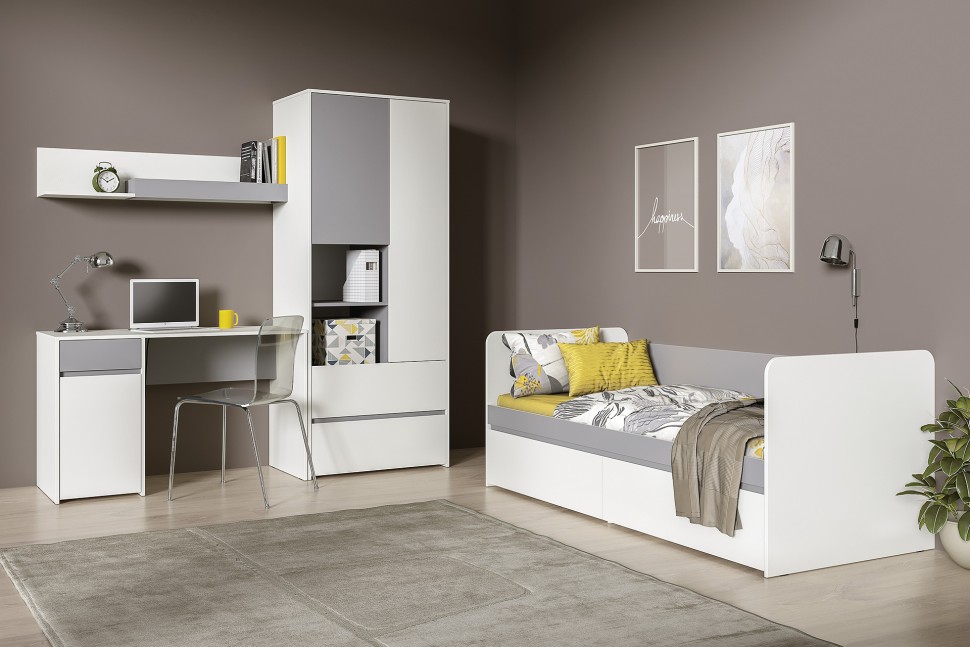 Торонто Компоновка № 25, цвет белый шагрень/стальной серый, сп. м. 800х1900 мм., б/м, основание есть, универсальная сборка