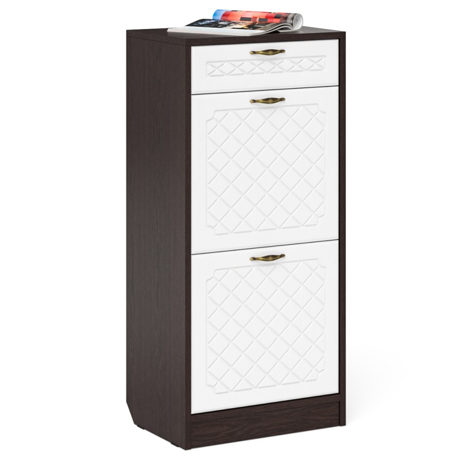 Прихожая П-6 Тумба для обуви 2 секции + Зеркало, цвет венге/фасады МДФ белое дерево фрезеровка ромб, ШхГхВ 50х35х210 см.