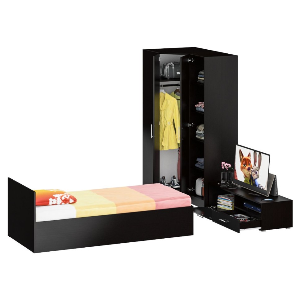 Спальня Стандарт 4-0900, цвет венге/фасады ТВ тумбы МДФ чёрный глянец, сп.м. 900х2000 мм., без матраса, основание есть