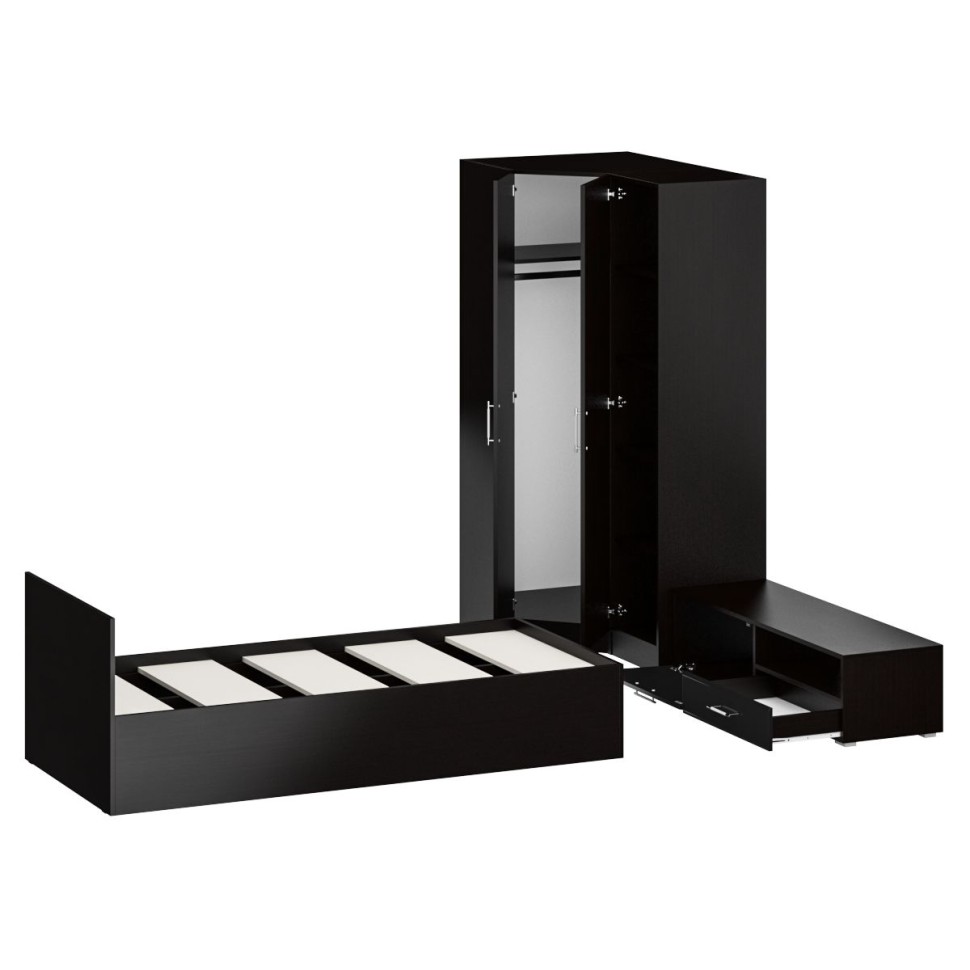 Спальня Стандарт 4-0900, цвет венге/фасады ТВ тумбы МДФ чёрный глянец, сп.м. 900х2000 мм., без матраса, основание есть