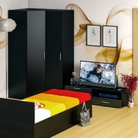 Спальня Стандарт 4-0900, цвет венге/фасады ТВ тумбы МДФ чёрный глянец, сп.м. 900х2000 мм., без матраса, основание есть