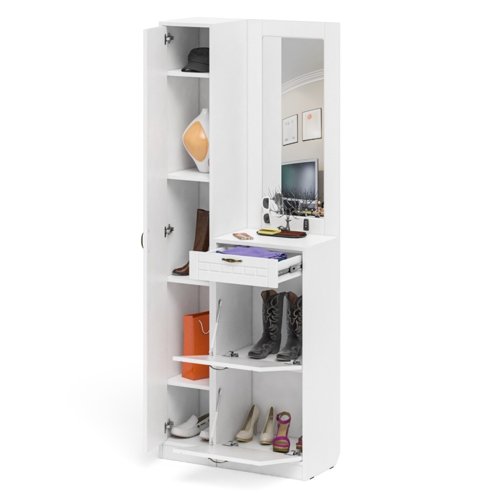 Прихожая П-6 Компоновка № 23, цвет белая шагрень/фасады МДФ белое дерево фрезеровка прованс, ШхГхВ 80х35х210 см., универсальная сборка