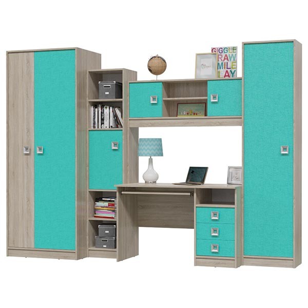 СНЯТО Сити Компоновка № 8 6-9411+6-9413+6-0601+6-9416+6-9412, цвет дуб сонома/аква, ШхГхВ 291х60х211 см., универсальная сборка