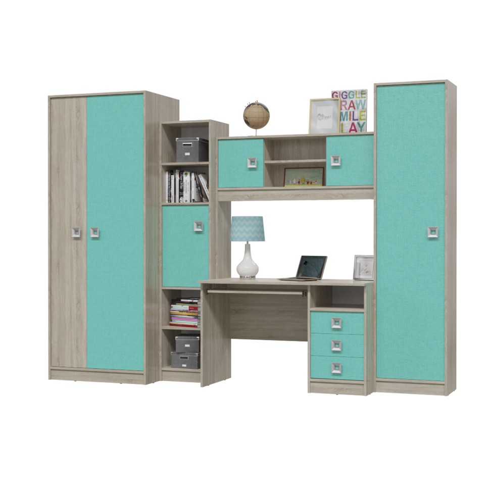 СНЯТО Сити Компоновка № 8 6-9411+6-9413+6-0601+6-9416+6-9412, цвет дуб сонома/аква, ШхГхВ 291х60х211 см., универсальная сборка