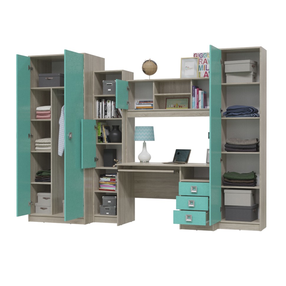 СНЯТО Сити Компоновка № 8 6-9411+6-9413+6-0601+6-9416+6-9412, цвет дуб сонома/аква, ШхГхВ 291х60х211 см., универсальная сборка