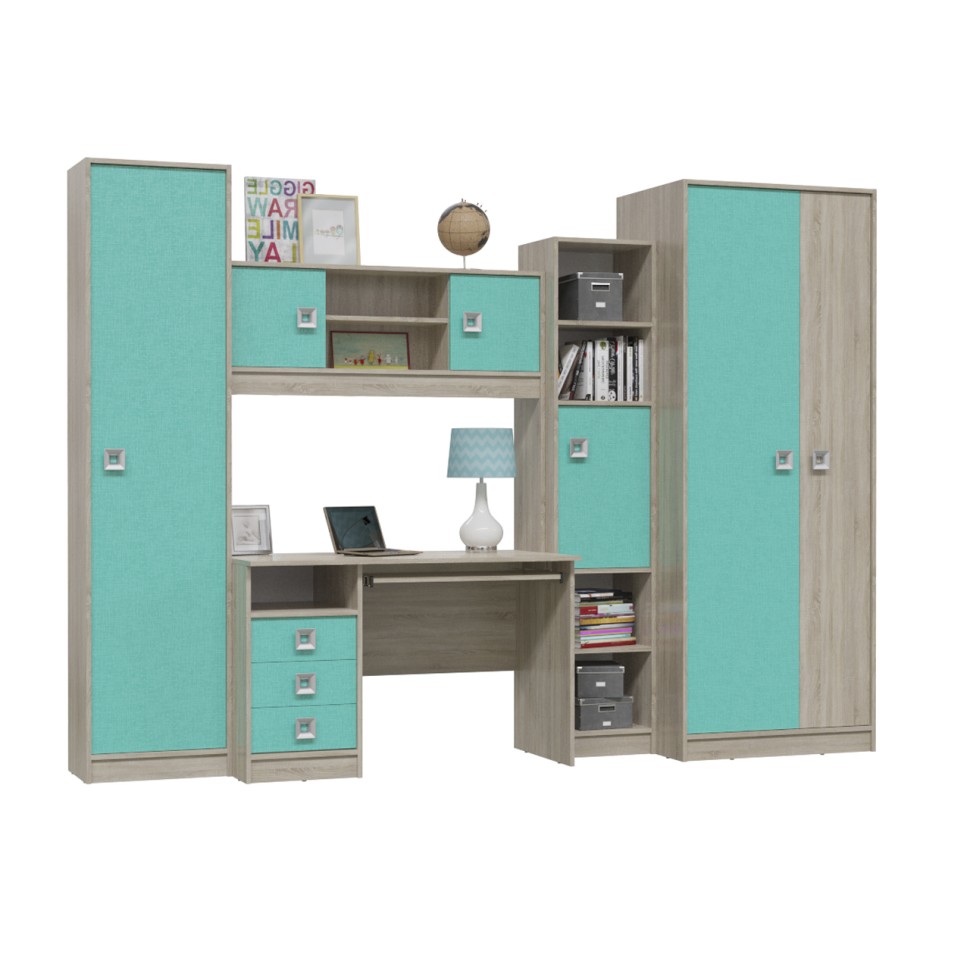 СНЯТО Сити Компоновка № 8 6-9411+6-9413+6-0601+6-9416+6-9412, цвет дуб сонома/аква, ШхГхВ 291х60х211 см., универсальная сборка