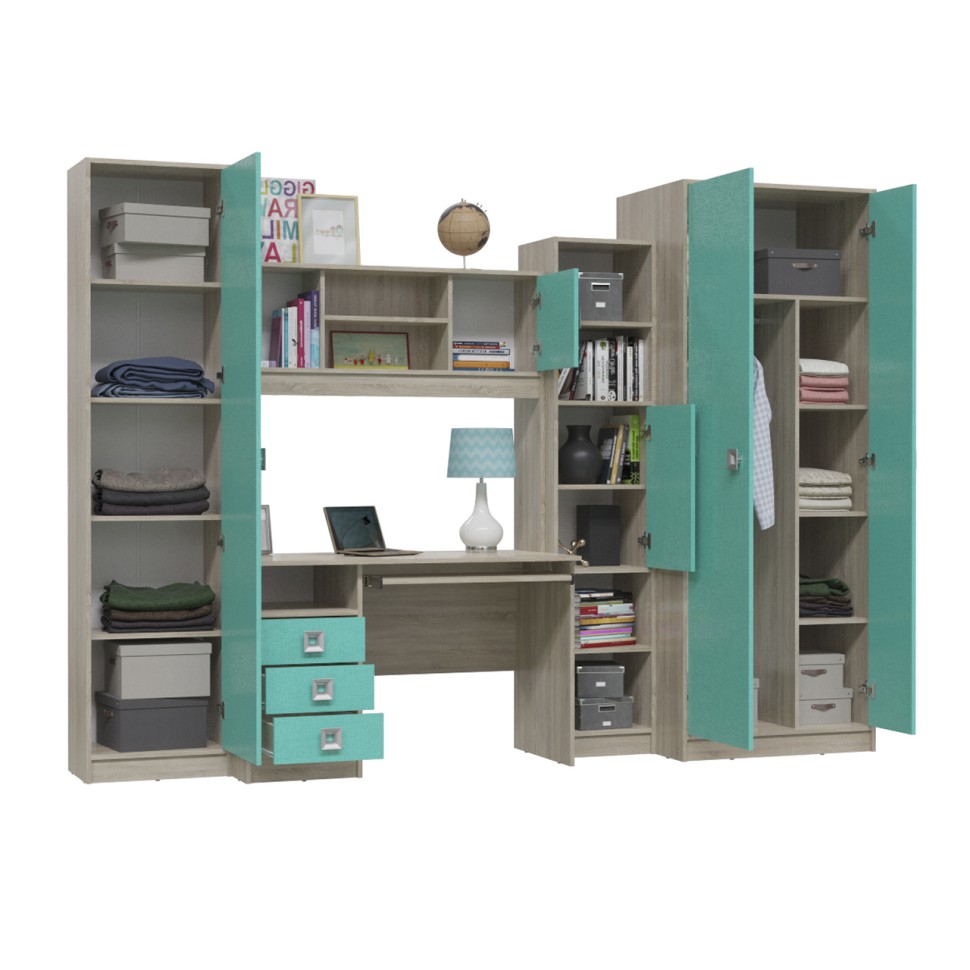 СНЯТО Сити Компоновка № 8 6-9411+6-9413+6-0601+6-9416+6-9412, цвет дуб сонома/аква, ШхГхВ 291х60х211 см., универсальная сборка