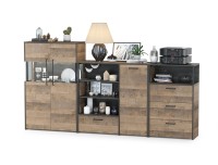 Трувор 13.307.01 Комод + 13.306 Комод с витриной + 13.307.02 Комод с ящиками, цвет дуб гранж песочный/интра, ШхГхВ 260,8х37х135,3 см., ун. сборка