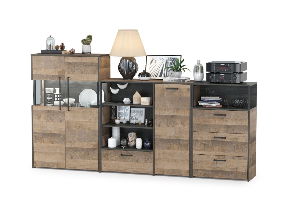 Трувор 13.307.01 Комод + 13.306 Комод с витриной + 13.307.02 Комод с ящиками, цвет дуб гранж песочный/интра, ШхГхВ 260,8х37х135,3 см., ун. сборка