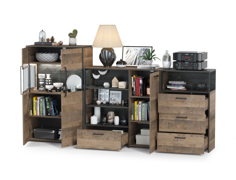 Трувор 13.307.01 Комод + 13.306 Комод с витриной + 13.307.02 Комод с ящиками, цвет дуб гранж песочный/интра, ШхГхВ 260,8х37х135,3 см., ун. сборка