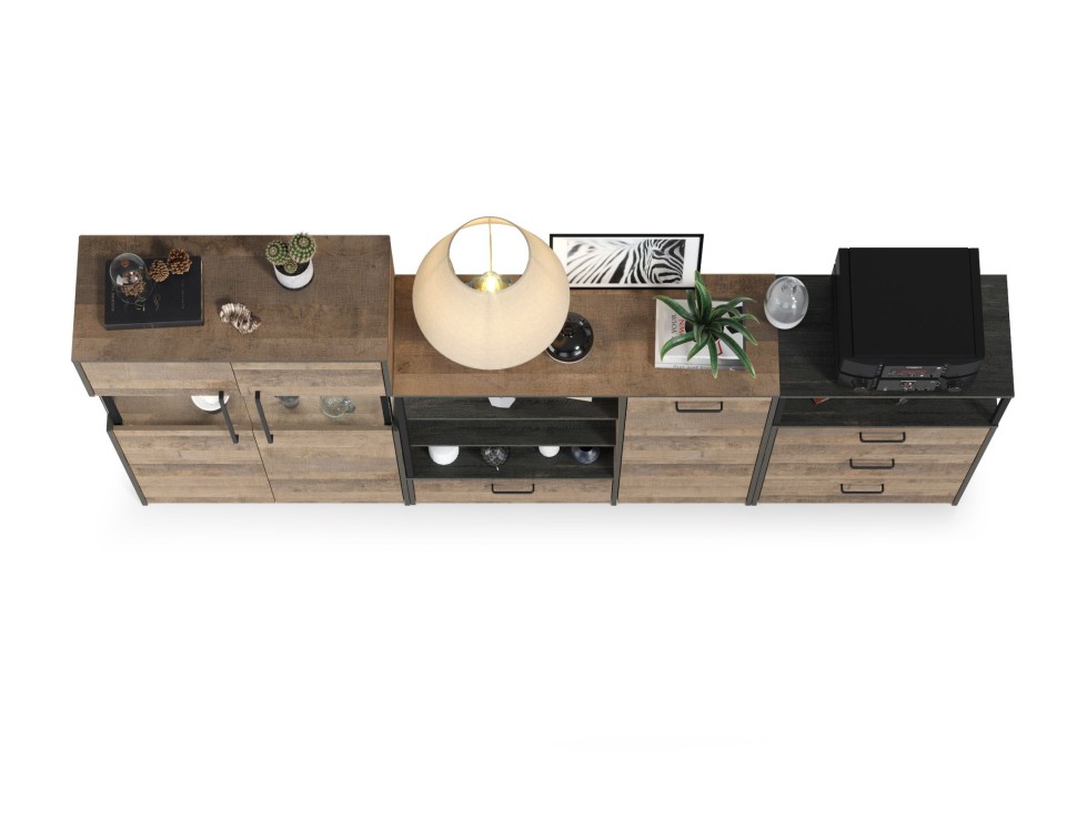 Трувор 13.307.01 Комод + 13.306 Комод с витриной + 13.307.02 Комод с ящиками, цвет дуб гранж песочный/интра, ШхГхВ 260,8х37х135,3 см., ун. сборка