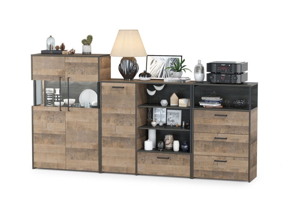 Трувор 13.307.01 Комод + 13.306 Комод с витриной + 13.307.02 Комод с ящиками, цвет дуб гранж песочный/интра, ШхГхВ 260,8х37х135,3 см., ун. сборка