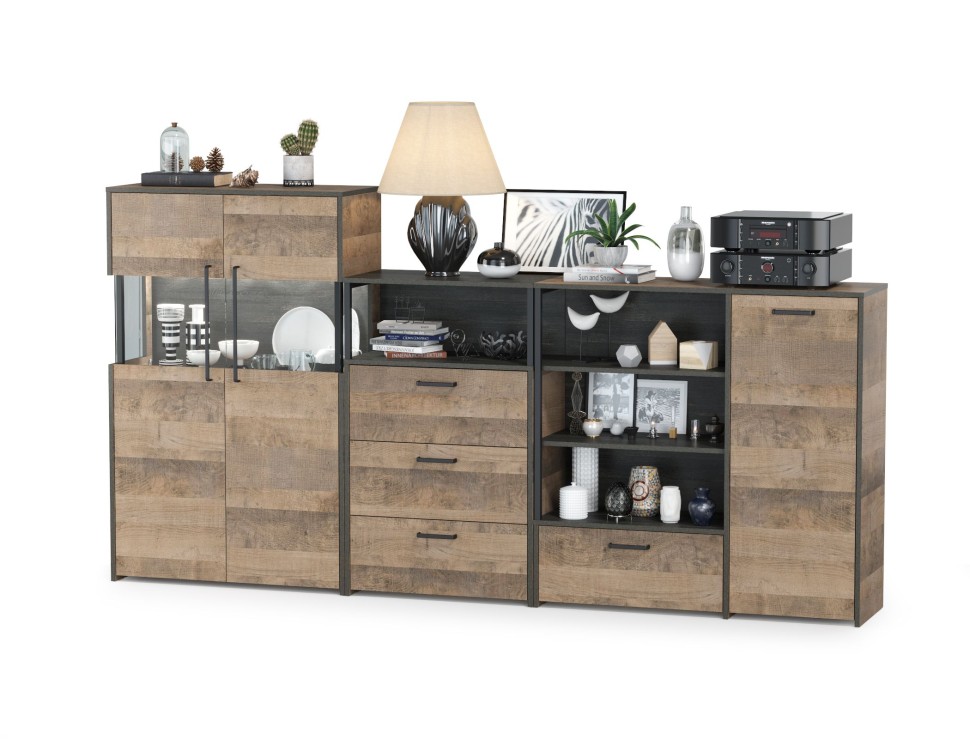 Трувор 13.307.01 Комод + 13.306 Комод с витриной + 13.307.02 Комод с ящиками, цвет дуб гранж песочный/интра, ШхГхВ 260,8х37х135,3 см., ун. сборка