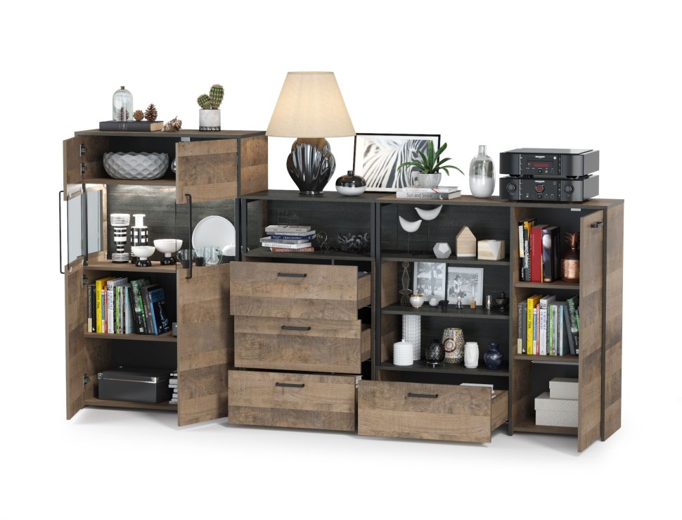 Трувор 13.307.01 Комод + 13.306 Комод с витриной + 13.307.02 Комод с ящиками, цвет дуб гранж песочный/интра, ШхГхВ 260,8х37х135,3 см., ун. сборка