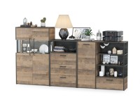 Трувор 13.307.01 Комод + 13.306 Комод с витриной + 13.307.02 Комод с ящиками, цвет дуб гранж песочный/интра, ШхГхВ 260,8х37х135,3 см., ун. сборка