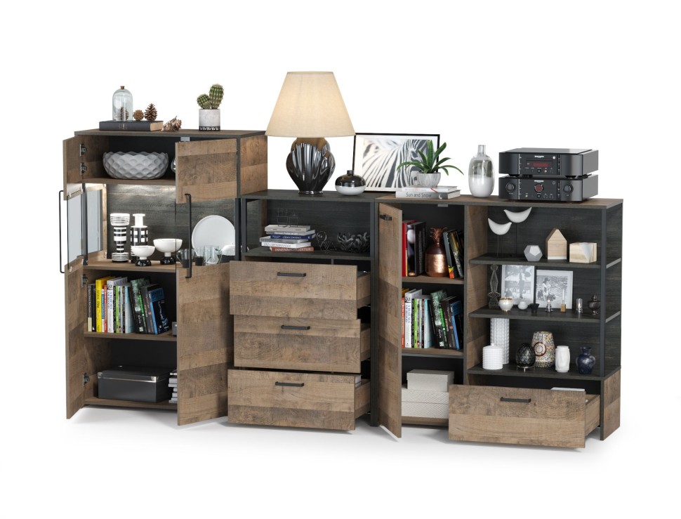 Трувор 13.307.01 Комод + 13.306 Комод с витриной + 13.307.02 Комод с ящиками, цвет дуб гранж песочный/интра, ШхГхВ 260,8х37х135,3 см., ун. сборка