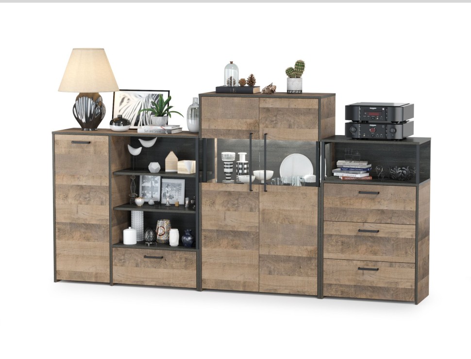 Трувор 13.307.01 Комод + 13.306 Комод с витриной + 13.307.02 Комод с ящиками, цвет дуб гранж песочный/интра, ШхГхВ 260,8х37х135,3 см., ун. сборка