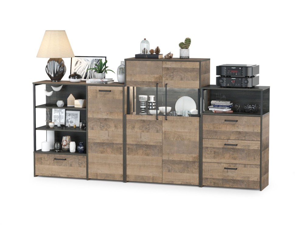 Трувор 13.307.01 Комод + 13.306 Комод с витриной + 13.307.02 Комод с ящиками, цвет дуб гранж песочный/интра, ШхГхВ 260,8х37х135,3 см., ун. сборка