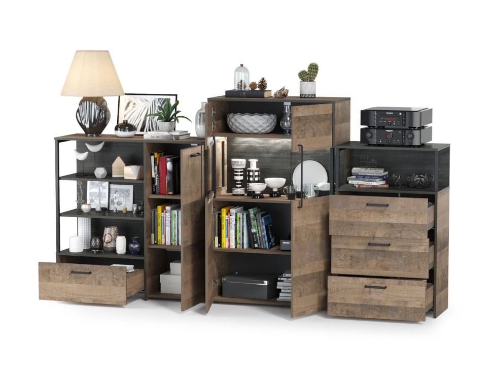 Трувор 13.307.01 Комод + 13.306 Комод с витриной + 13.307.02 Комод с ящиками, цвет дуб гранж песочный/интра, ШхГхВ 260,8х37х135,3 см., ун. сборка