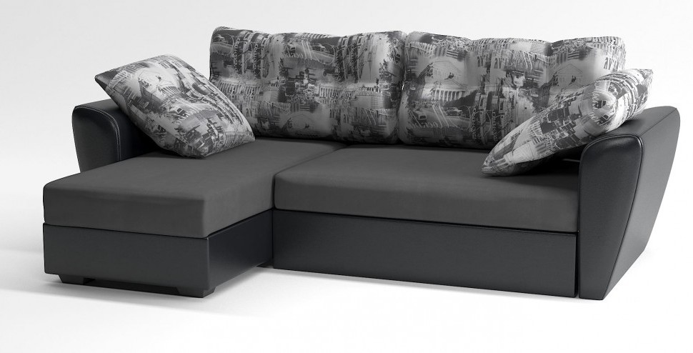 Диван угловой Амстердам еврокнижка черный велюр+город+черная экокожа