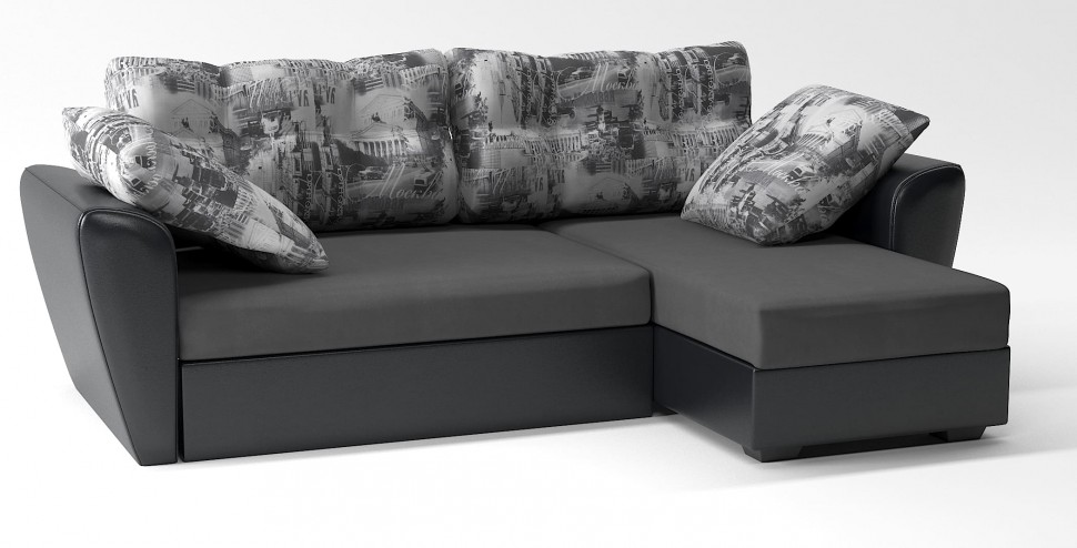 Диван угловой Амстердам еврокнижка черный велюр+город+черная экокожа