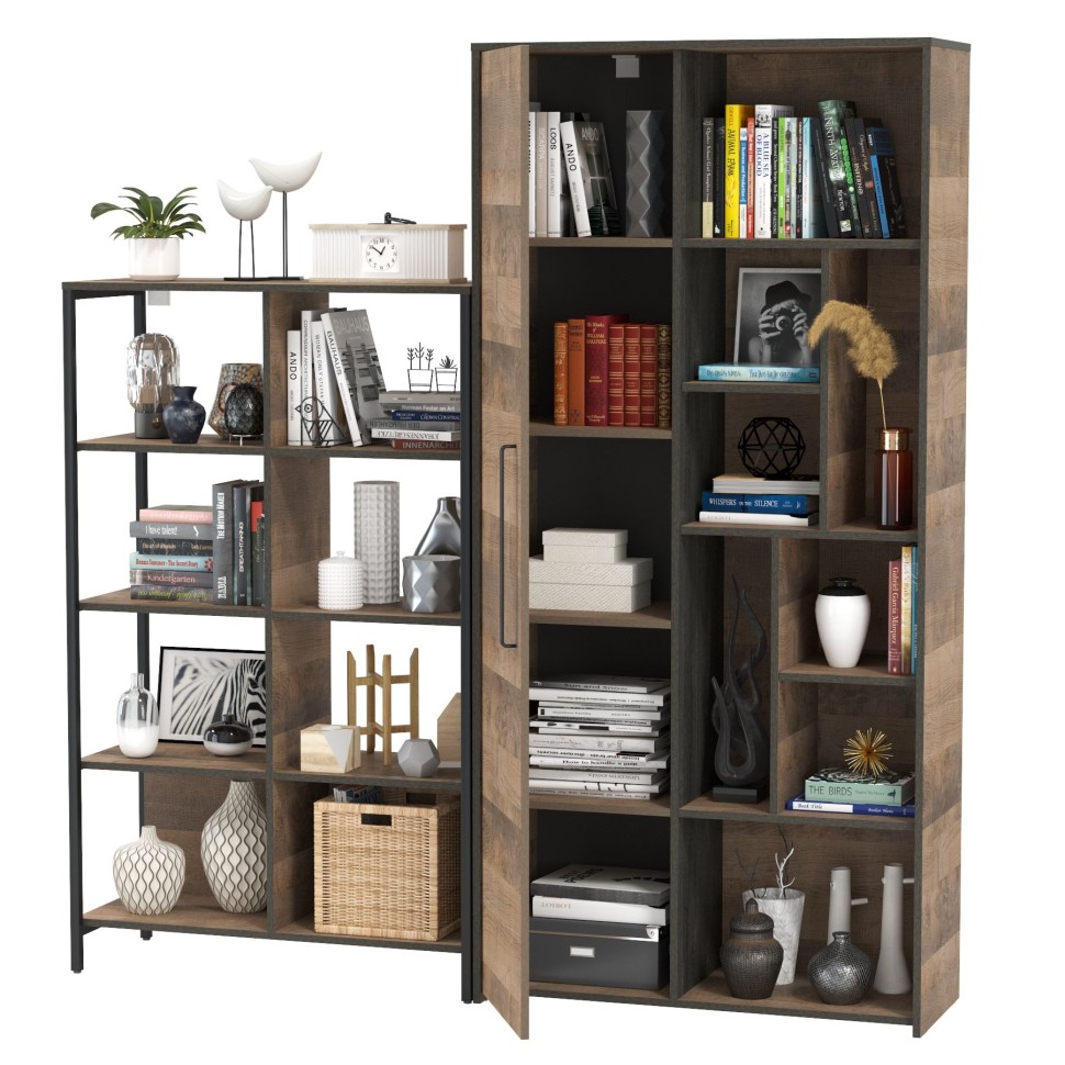 Трувор 13.151.02 Стеллаж + 13.206 Шкаф-стеллаж, цвет дуб гранж песочный/интра, ШхГхВ 183х37х194,2 см., универсальная сборка