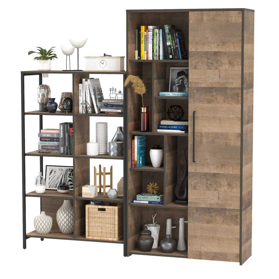 Трувор 13.151.02 Стеллаж + 13.206 Шкаф-стеллаж, цвет дуб гранж песочный/интра, ШхГхВ 183х37х194,2 см., универсальная сборка