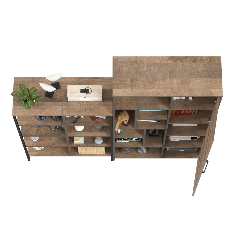 Трувор 13.151.02 Стеллаж + 13.206 Шкаф-стеллаж, цвет дуб гранж песочный/интра, ШхГхВ 183х37х194,2 см., универсальная сборка