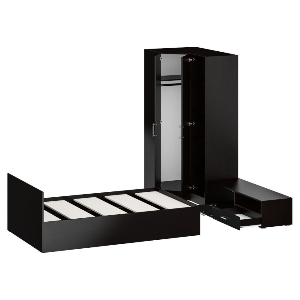 Спальня Стандарт 4-1200, цвет венге/фасады ТВ тумбы МДФ чёрный глянец, сп.м. 1200х2000 мм., без матраса, основание есть