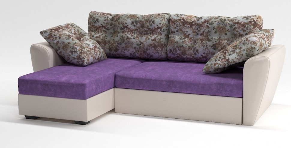 Диван угловой Амстердам еврокнижка фиолетовый велюр+цветы+бежевая экокожа