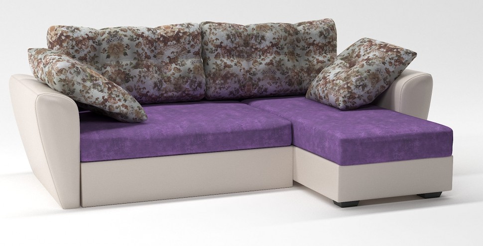 Диван угловой Амстердам еврокнижка фиолетовый велюр+цветы+бежевая экокожа