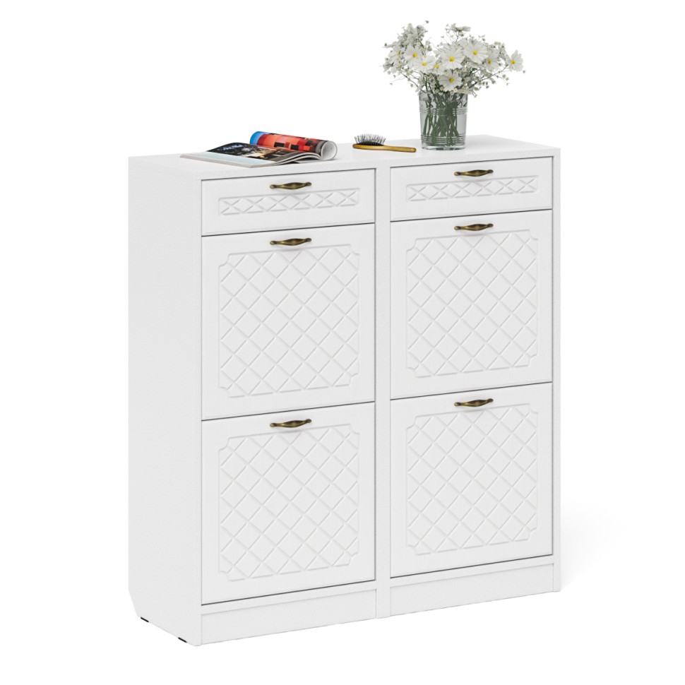 Прихожая П-6 Тумба для обуви 2 секции + Тумба для обуви 2 секции, цвет белая шагрень/фасады МДФ белое дерево фрезеровка ромб, ШхГхВ 100х35х108,3 см