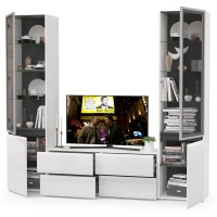 Сидней Комплектация № 011, цвет корпус: белый/чёрный/фасады: МДФ белый глянец, ШхГхВ 229,9х41,3х205,2 см., ниша для ТВ 129х41х100 см., универс. сборка