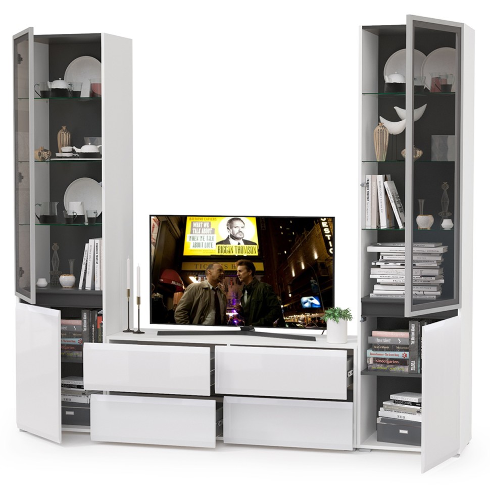 Сидней Комплектация № 011, цвет корпус: белый/чёрный/фасады: МДФ белый глянец, ШхГхВ 229,9х41,3х205,2 см., ниша для ТВ 129х41х100 см., универс. сборка