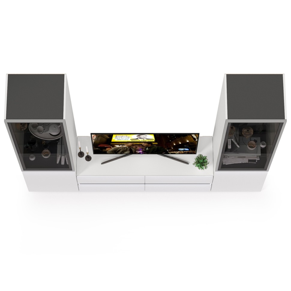 Сидней Комплектация № 011, цвет корпус: белый/чёрный/фасады: МДФ белый глянец, ШхГхВ 229,9х41,3х205,2 см., ниша для ТВ 129х41х100 см., универс. сборка