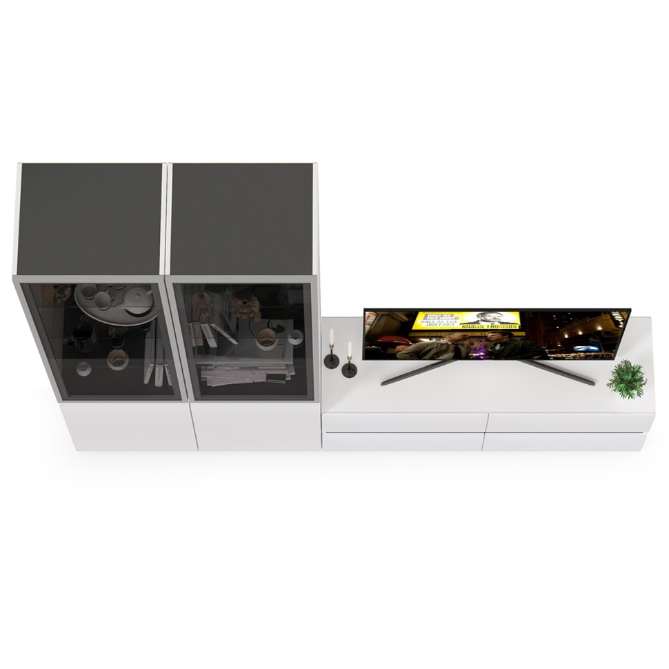 Сидней Комплектация № 011, цвет корпус: белый/чёрный/фасады: МДФ белый глянец, ШхГхВ 229,9х41,3х205,2 см., ниша для ТВ 129х41х100 см., универс. сборка