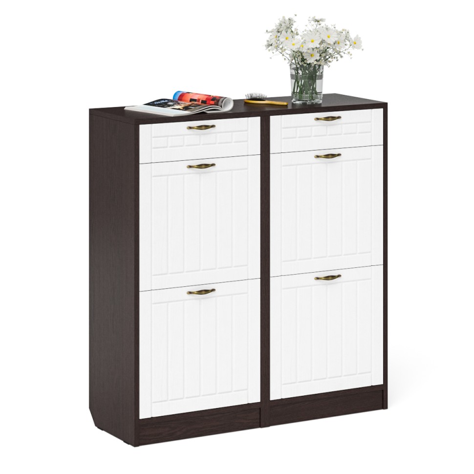 Прихожая П-6 Тумба для обуви 2 секции + Тумба для обуви 2 секции, цвет венге/фасады МДФ белое дерево фрезеровка прованс, ШхГхВ 100х35х108,3 см