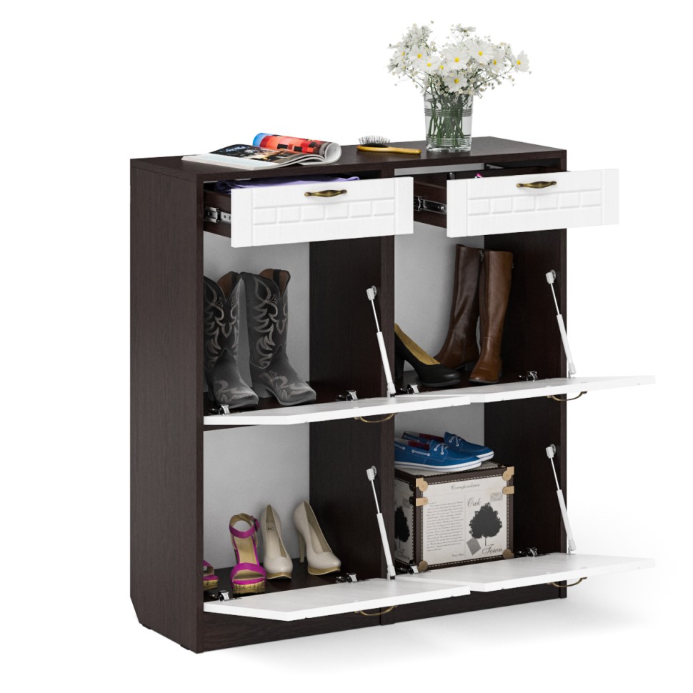 Прихожая П-6 Тумба для обуви 2 секции + Тумба для обуви 2 секции, цвет венге/фасады МДФ белое дерево фрезеровка прованс, ШхГхВ 100х35х108,3 см