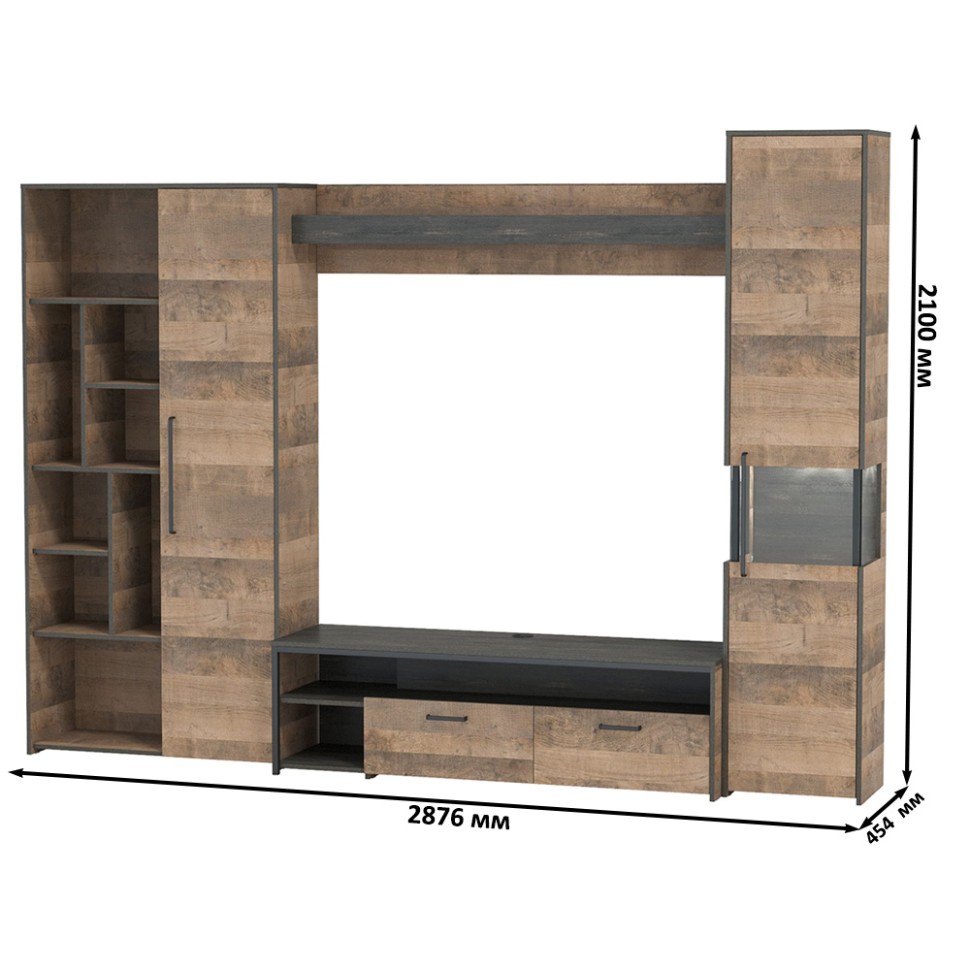 Трувор Гостиная 019, цвет дуб гранж песочный/интра, ШхГхВ 287,6х45,4х210 см., универсальная сборка