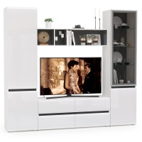 Сидней Комплектация № 012, цвет корпус: белый/чёрный/фасады: МДФ белый глянец, ШхГхВ 229,9х41,3х205,2 см., ниша для ТВ 129х41х98 см., универс. сборка