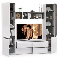 Сидней Комплектация № 012, цвет корпус: белый/чёрный/фасады: МДФ белый глянец, ШхГхВ 229,9х41,3х205,2 см., ниша для ТВ 129х41х98 см., универс. сборка