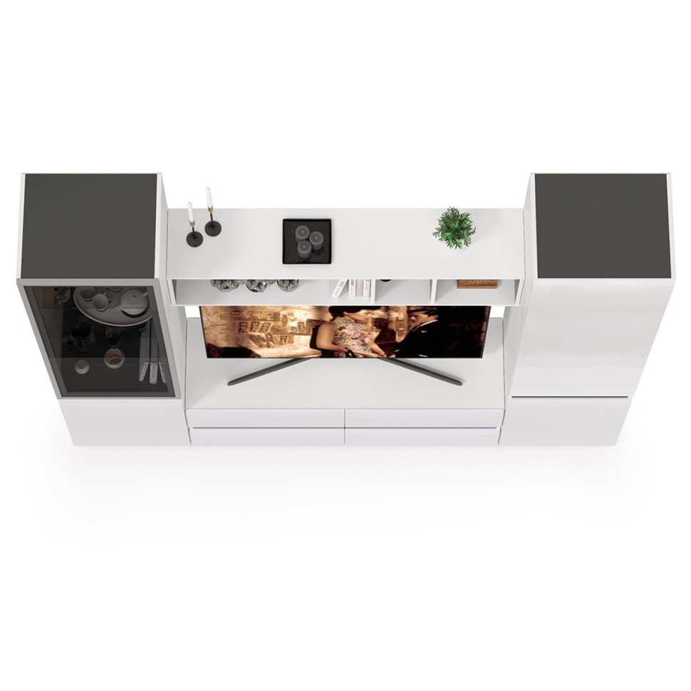 Сидней Комплектация № 012, цвет корпус: белый/чёрный/фасады: МДФ белый глянец, ШхГхВ 229,9х41,3х205,2 см., ниша для ТВ 129х41х98 см., универс. сборка