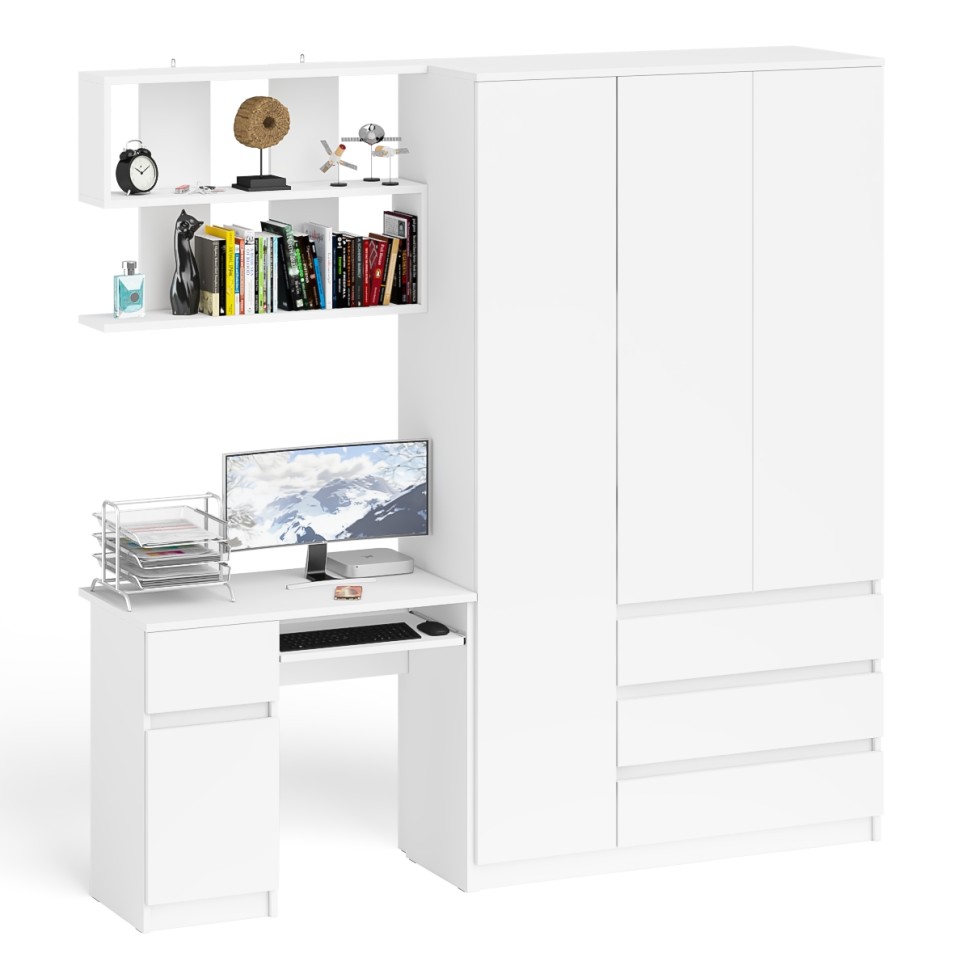 Мори Стол компьютерный МС-1 левый + Шкаф МШ1200.1 + Полка 900, цвет белый, ШхГхВ 210,4х50,4х209,6 см., НЕ универсальная сборка