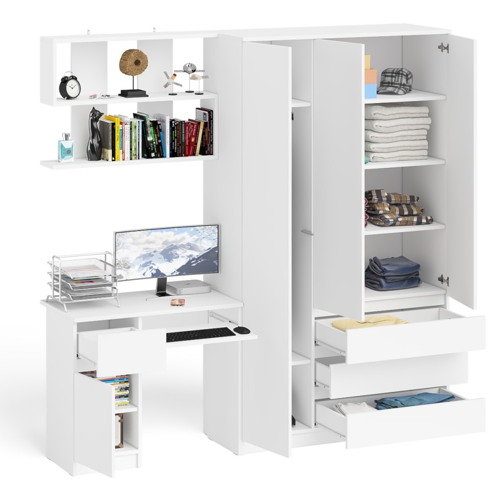 Мори Стол компьютерный МС-1 левый + Шкаф МШ1200.1 + Полка 900, цвет белый, ШхГхВ 210,4х50,4х209,6 см., НЕ универсальная сборка