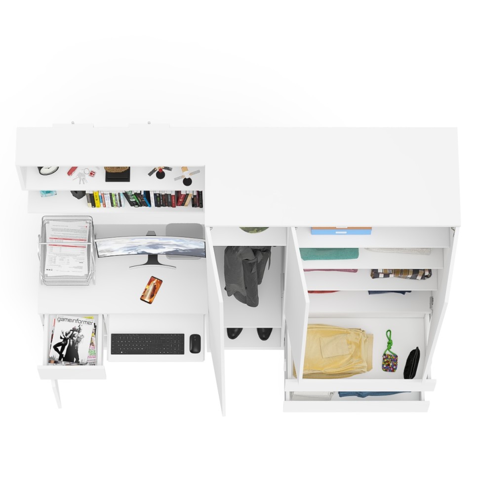 Мори Стол компьютерный МС-1 левый + Шкаф МШ1200.1 + Полка 900, цвет белый, ШхГхВ 210,4х50,4х209,6 см., НЕ универсальная сборка