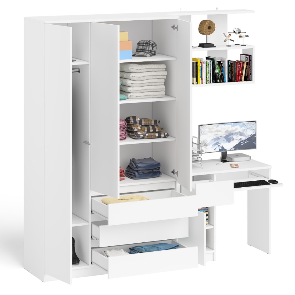 Мори Стол компьютерный МС-1 левый + Шкаф МШ1200.1 + Полка 900, цвет белый, ШхГхВ 210,4х50,4х209,6 см., НЕ универсальная сборка
