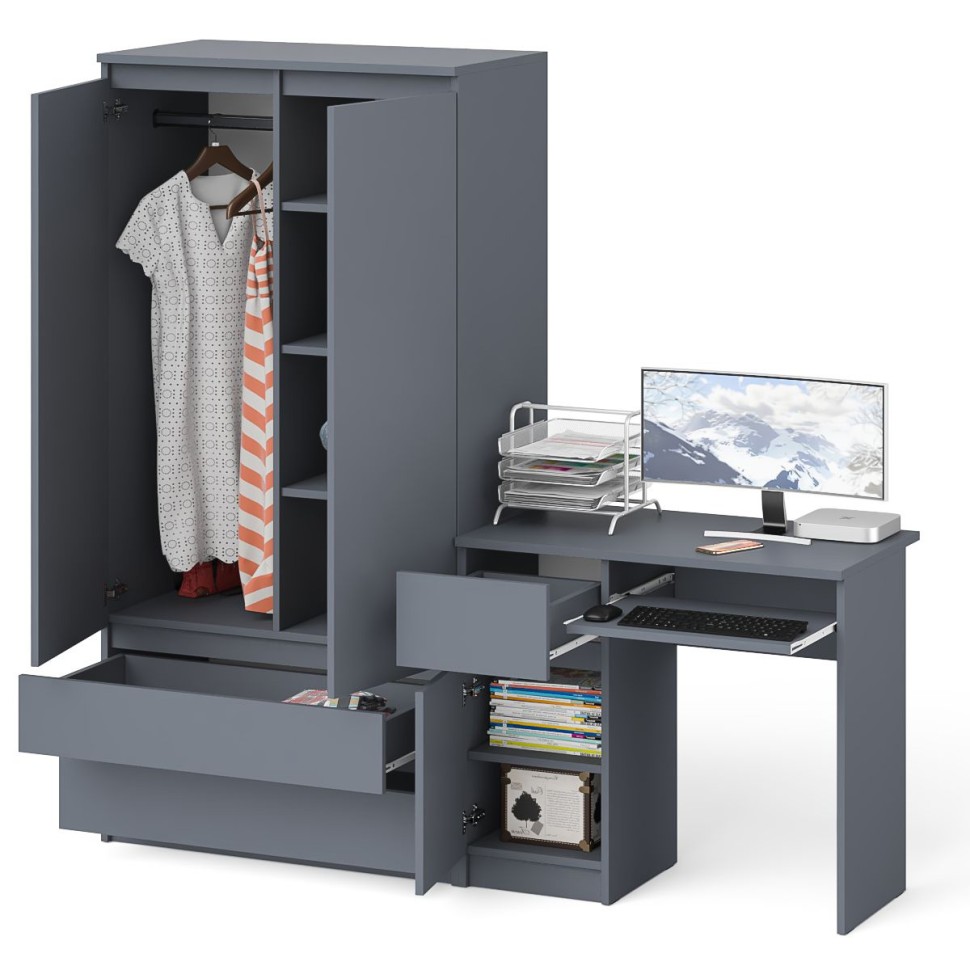 Мори Стол компьютерный МС-1 левый + Шкаф МШ900.1, цвет графит, ШхГхВ 180,4х50,4х179,6 см., выдвижной ящик слева, НЕ универсальная сборка