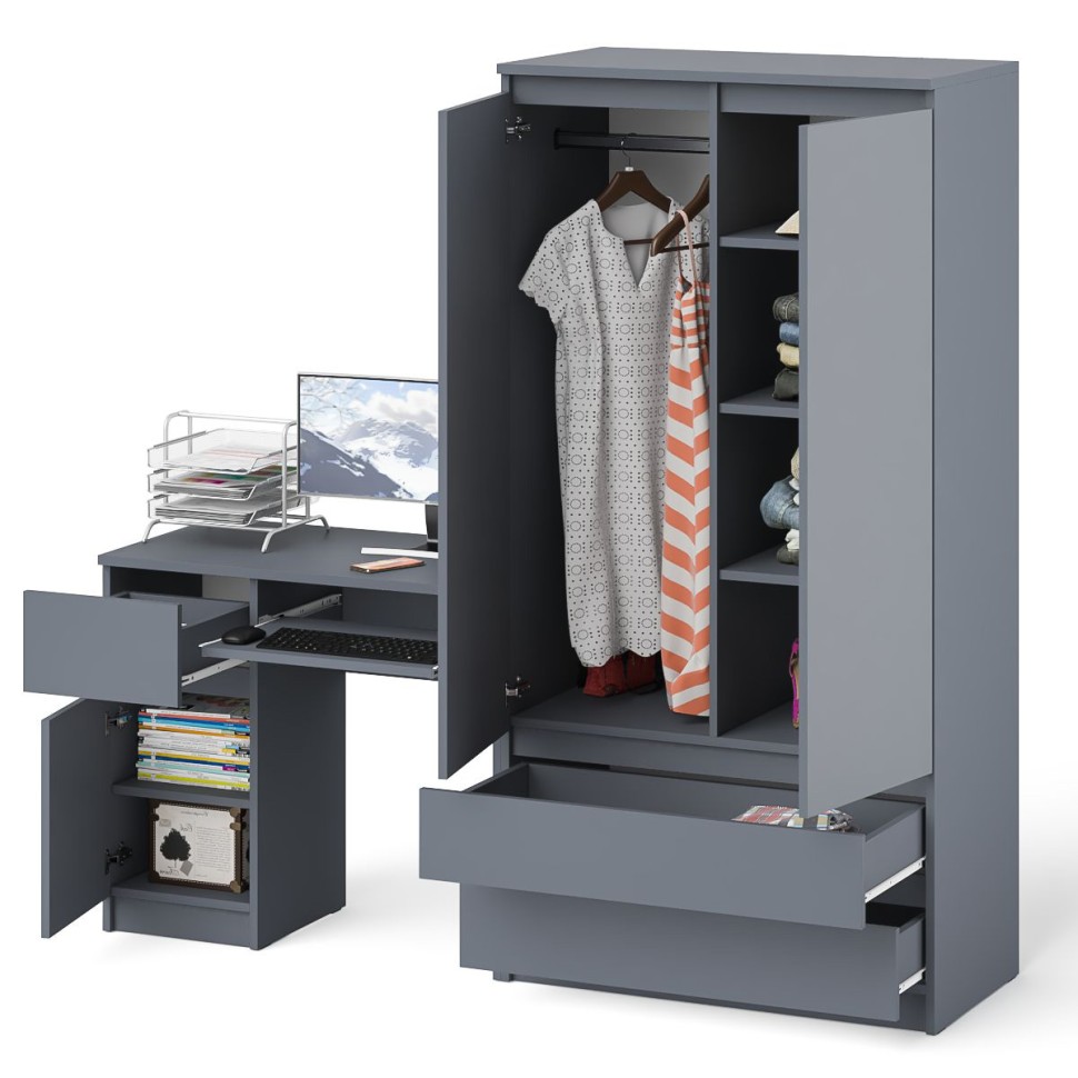 Мори Стол компьютерный МС-1 левый + Шкаф МШ900.1, цвет графит, ШхГхВ 180,4х50,4х179,6 см., выдвижной ящик слева, НЕ универсальная сборка